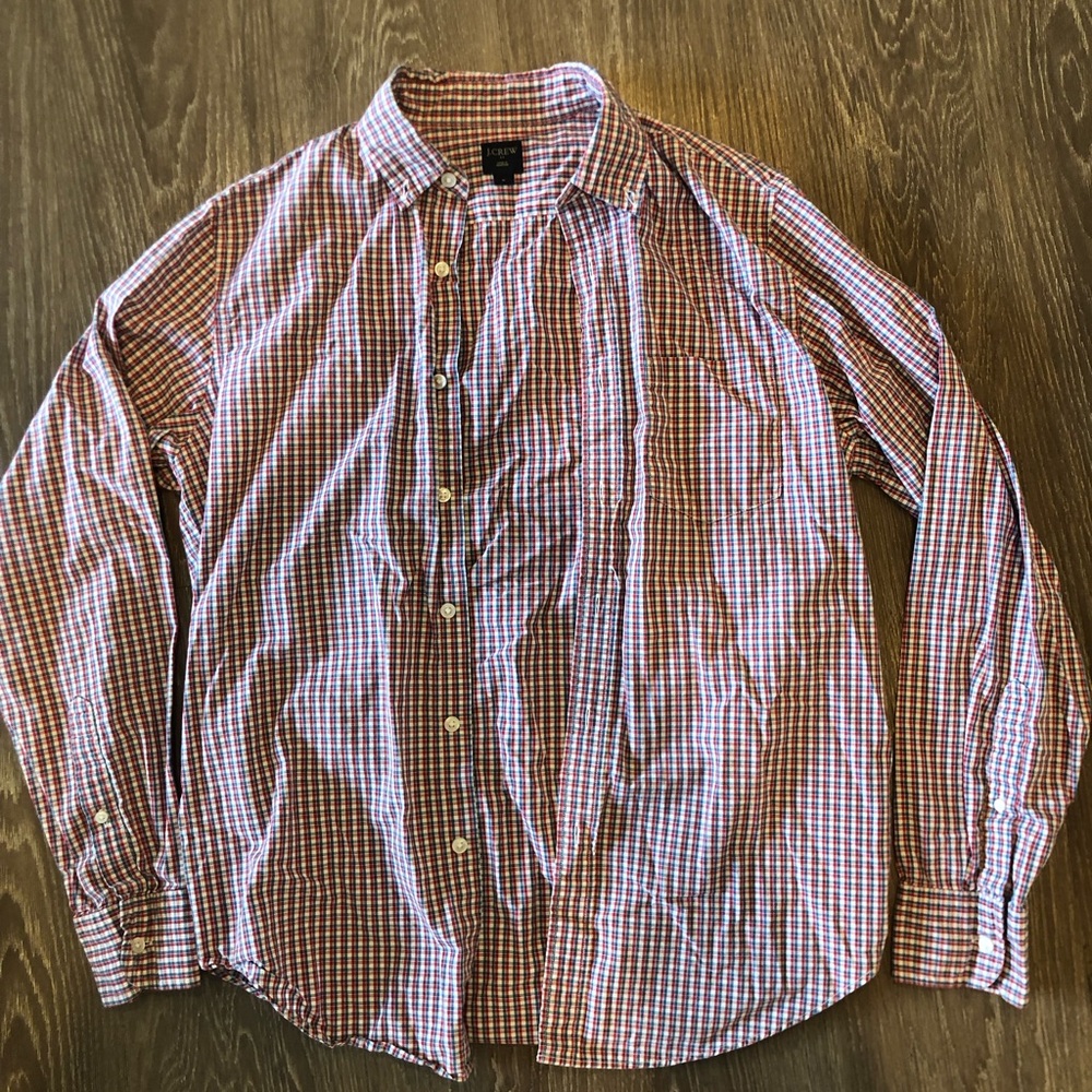 Red and white J. Crew button up shirt